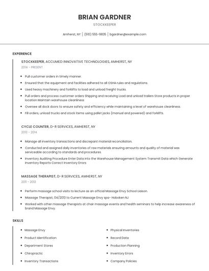Stockkeeper Resume