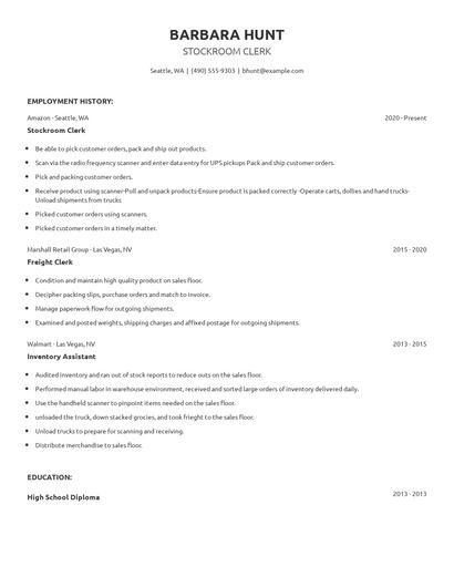Stockroom Clerk Resume
