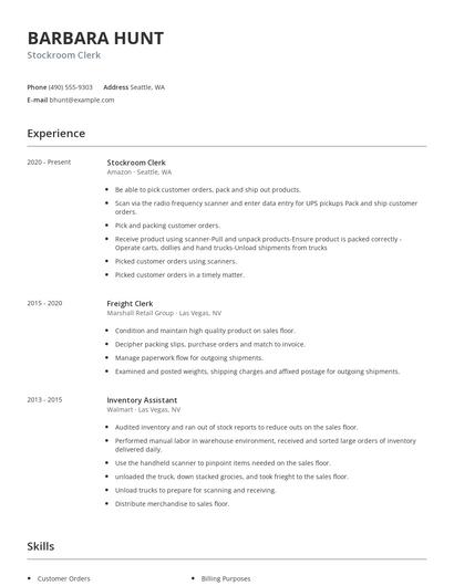 Stockroom Clerk Resume