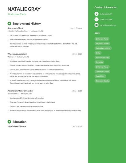 Stockroom Clerk Resume