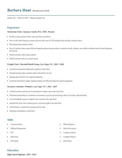 Stockroom Clerk Resume