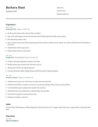 Stockroom Clerk Resume