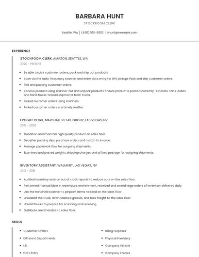Stockroom Clerk Resume