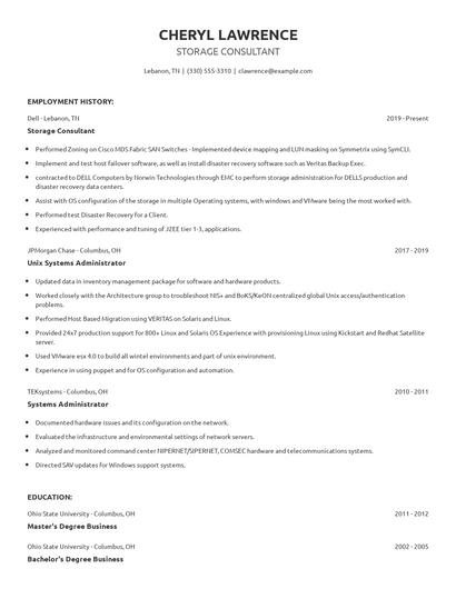 Storage Consultant Resume