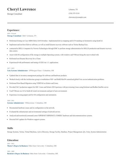 Storage Consultant Resume