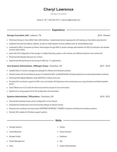 Storage Consultant Resume