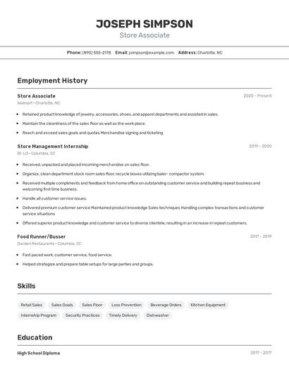 Store Associate Resume