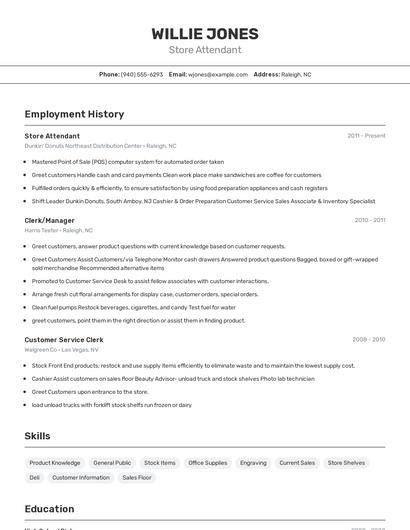 Store Attendant Resume