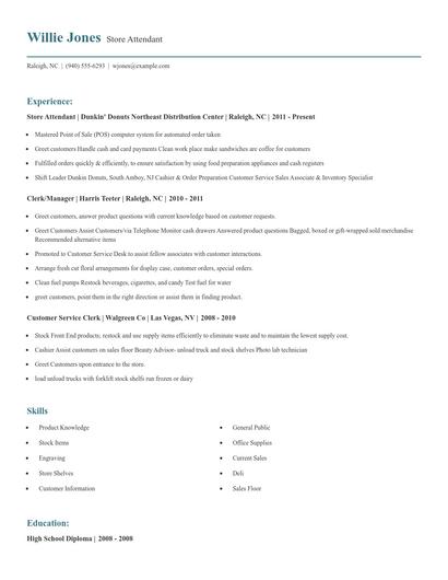 Store Attendant Resume