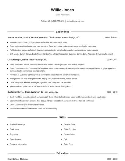 Store Attendant Resume