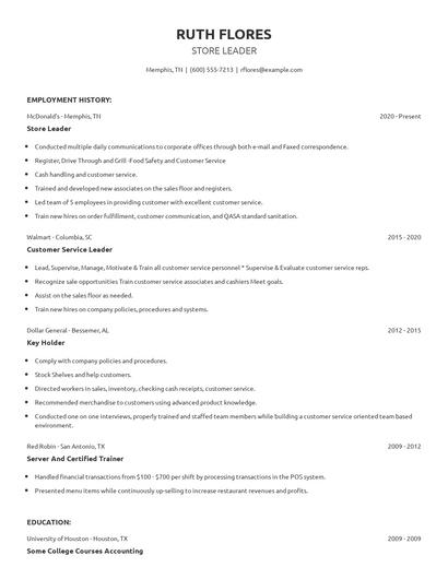 Store Leader Resume