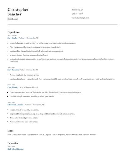 Store Leader Resume