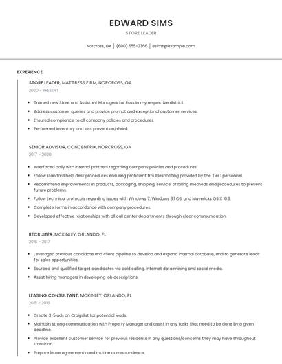 Store Leader Resume