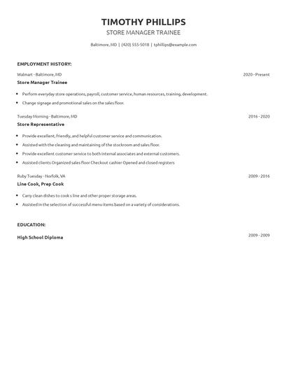 Store Manager Trainee Resume