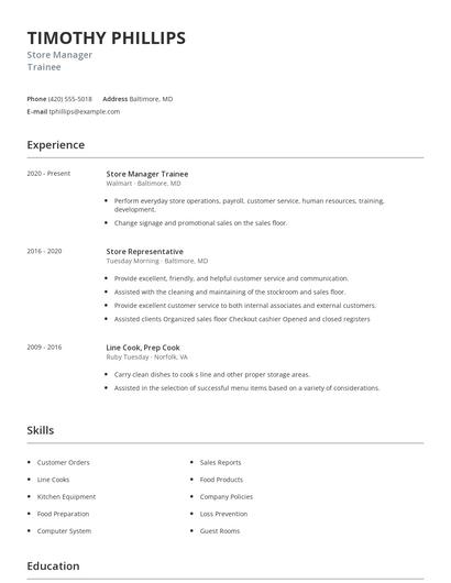Store Manager Trainee Resume