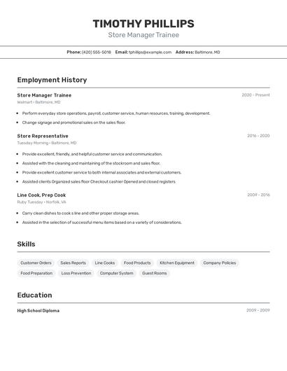 Store Manager Trainee Resume
