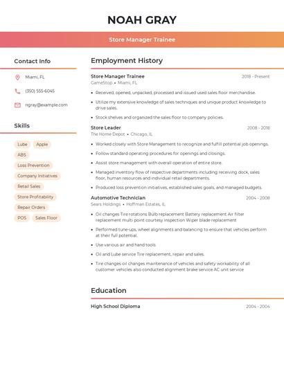Store Manager Trainee Resume
