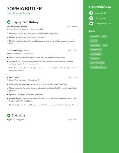 Store Manager Trainee Resume