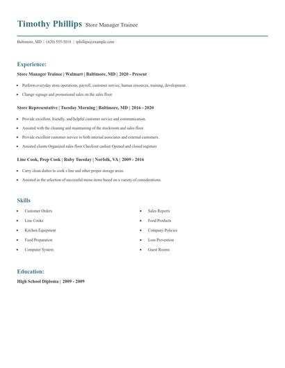 Store Manager Trainee Resume