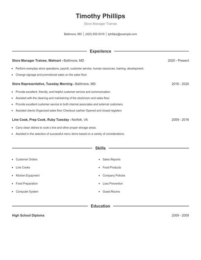 Store Manager Trainee Resume