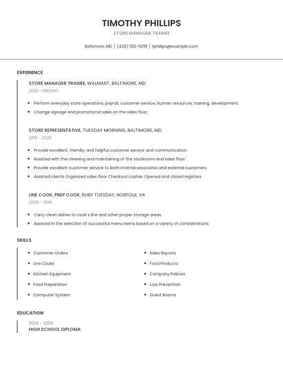 Store Manager Trainee Resume