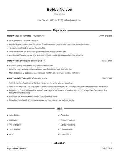 Store Worker Resume