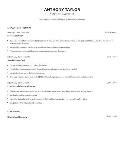 Storeroom Clerk Resume