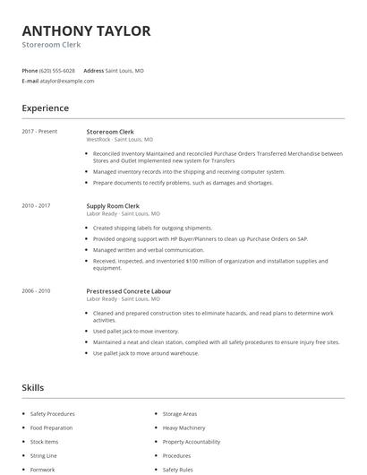 Storeroom Clerk Resume