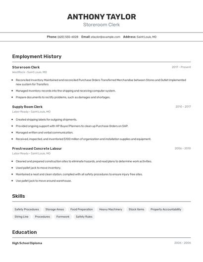 Storeroom Clerk Resume