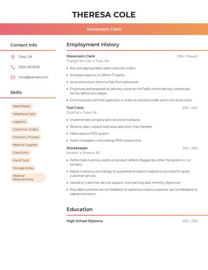 Storeroom Clerk Resume