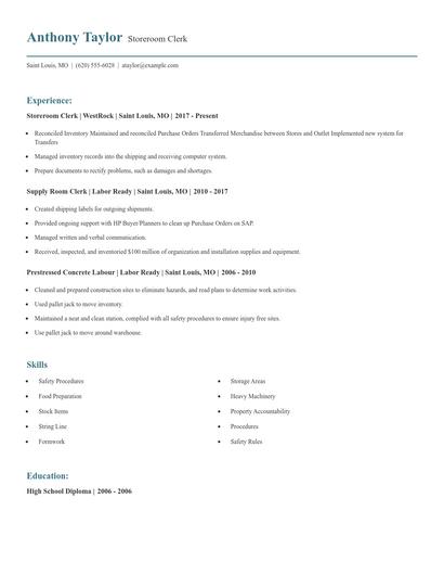 Storeroom Clerk Resume