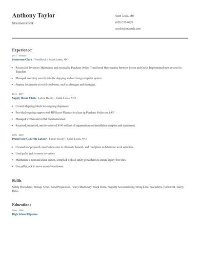 Storeroom Clerk Resume