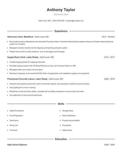 Storeroom Clerk Resume