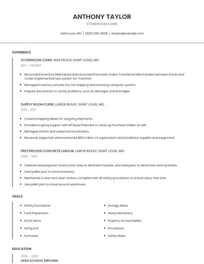 Storeroom Clerk Resume