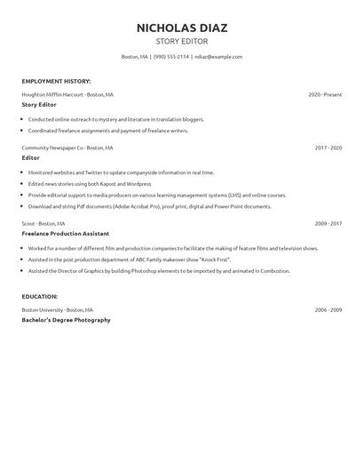 Story Editor Resume