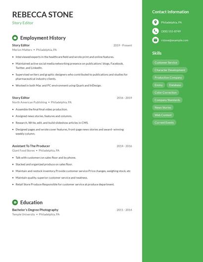 Story Editor Resume