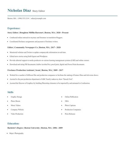 Story Editor Resume