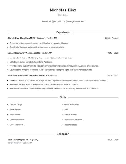 Story Editor Resume