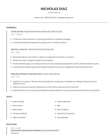Story Editor Resume