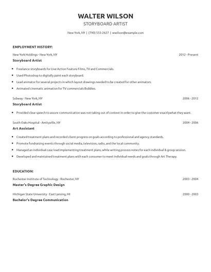 Storyboard Artist Resume