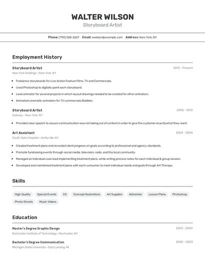 Storyboard Artist Resume