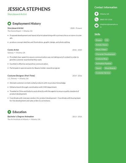 Storyboard Artist Resume