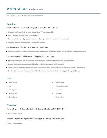 Storyboard Artist Resume