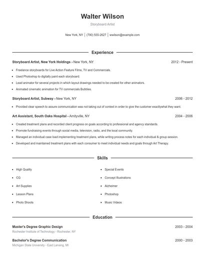 Storyboard Artist Resume