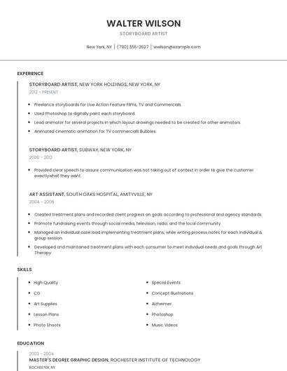 Storyboard Artist Resume