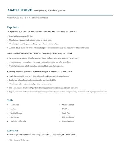 Straightening Machine Operator Resume