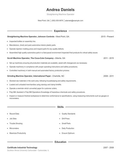 Straightening Machine Operator Resume