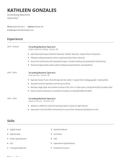 Stranding Machine Operator Resume