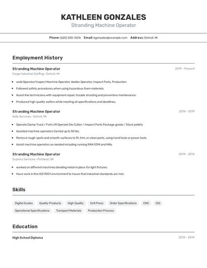 Stranding Machine Operator Resume