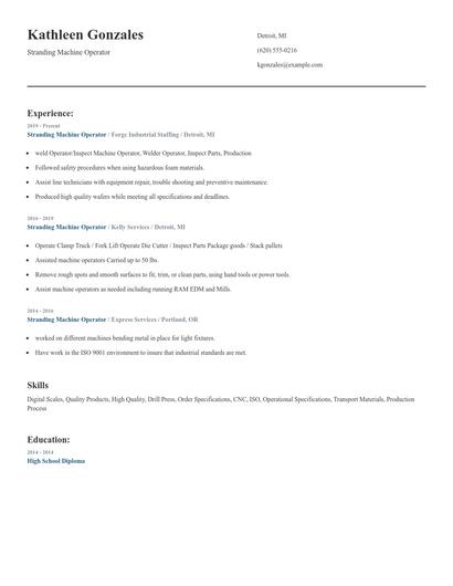 Stranding Machine Operator Resume